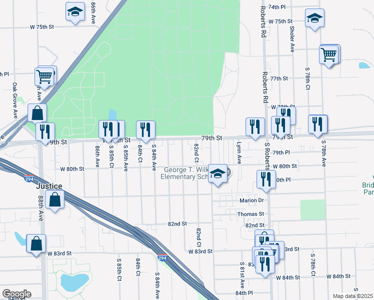 map of restaurants, bars, coffee shops, grocery stores, and more near 7926 South 83rd Avenue in Justice