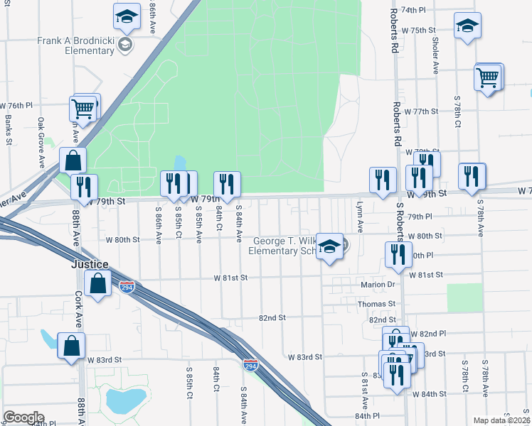 map of restaurants, bars, coffee shops, grocery stores, and more near 7926 South 83rd Avenue in Justice