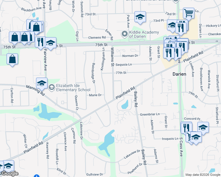 map of restaurants, bars, coffee shops, grocery stores, and more near 7800 Williams Street in Downers Grove
