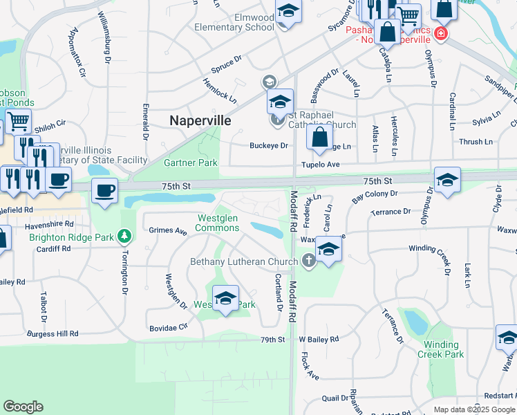 map of restaurants, bars, coffee shops, grocery stores, and more near 1289 Gregory Court in Naperville