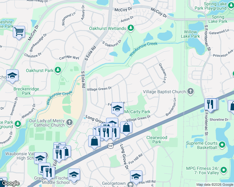 map of restaurants, bars, coffee shops, grocery stores, and more near 472 Mayfield Lane in Aurora