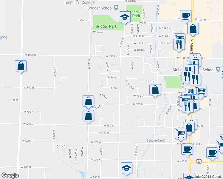 map of restaurants, bars, coffee shops, grocery stores, and more near 450 810 North in Logan