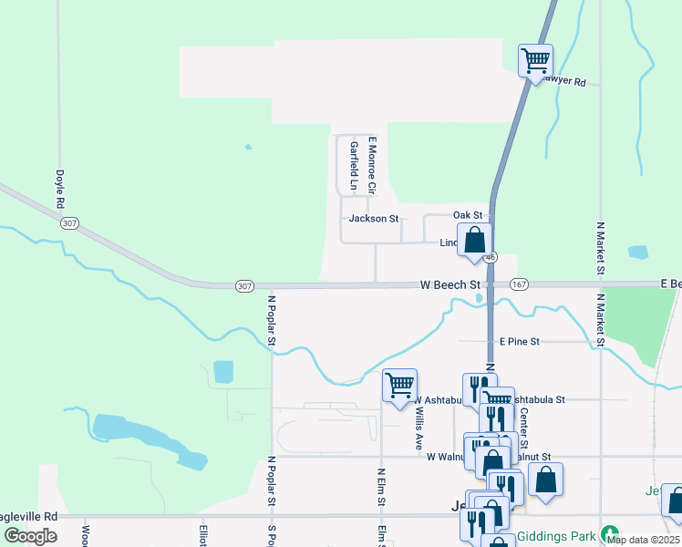 map of restaurants, bars, coffee shops, grocery stores, and more near 708 Ohio 307 in Jefferson