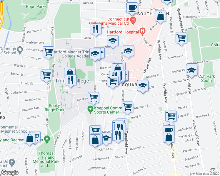 map of restaurants, bars, coffee shops, grocery stores, and more near 44 New Britain Avenue in Hartford
