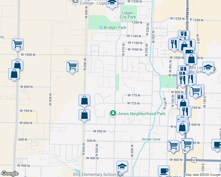 map of restaurants, bars, coffee shops, grocery stores, and more near 450 810 North in Logan
