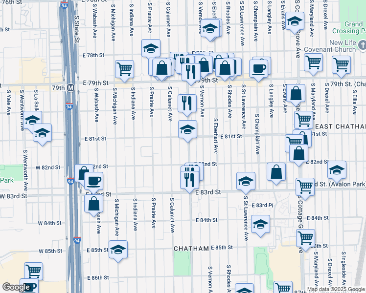 map of restaurants, bars, coffee shops, grocery stores, and more near 8128 South King Drive in Chicago
