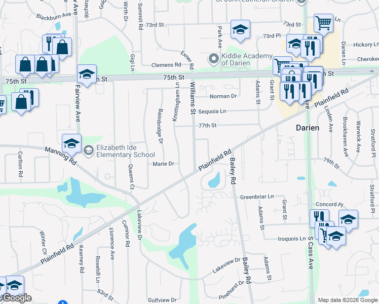map of restaurants, bars, coffee shops, grocery stores, and more near 7800 Williams Street in Downers Grove