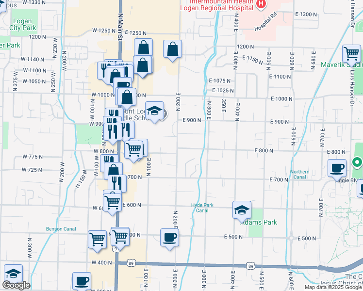 map of restaurants, bars, coffee shops, grocery stores, and more near 808 North 200 East in Logan