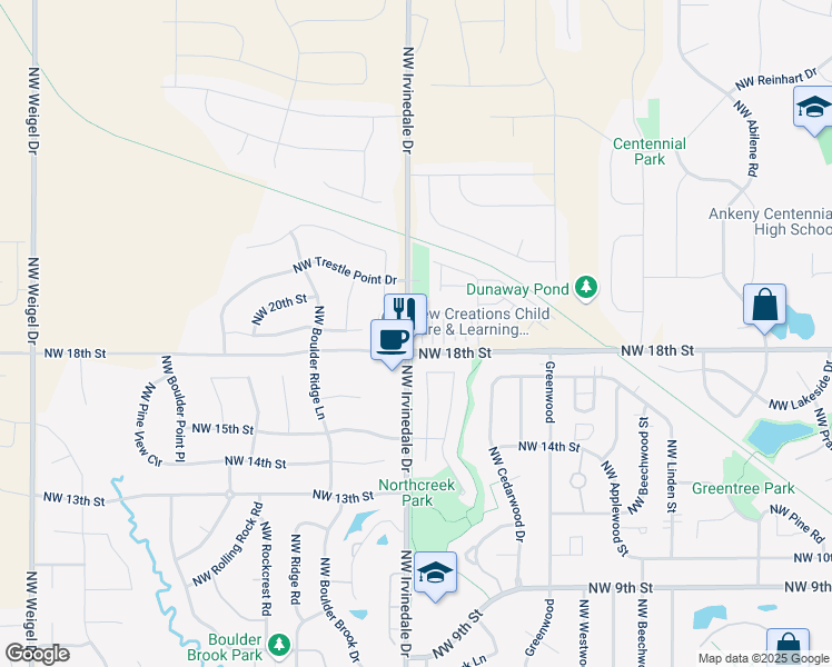 map of restaurants, bars, coffee shops, grocery stores, and more near 1812 Northwest North Creek Drive in Ankeny