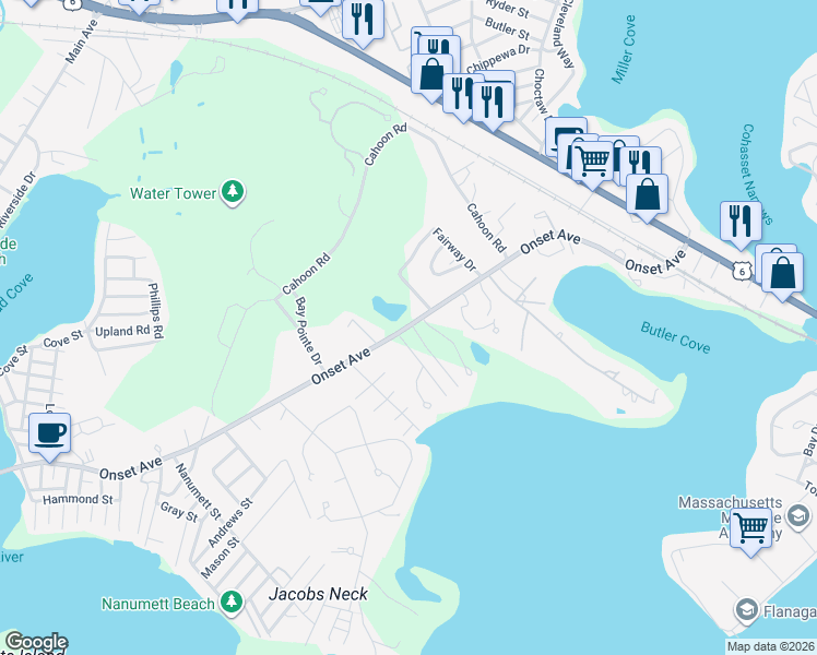 map of restaurants, bars, coffee shops, grocery stores, and more near 66 Onset Avenue in Wareham