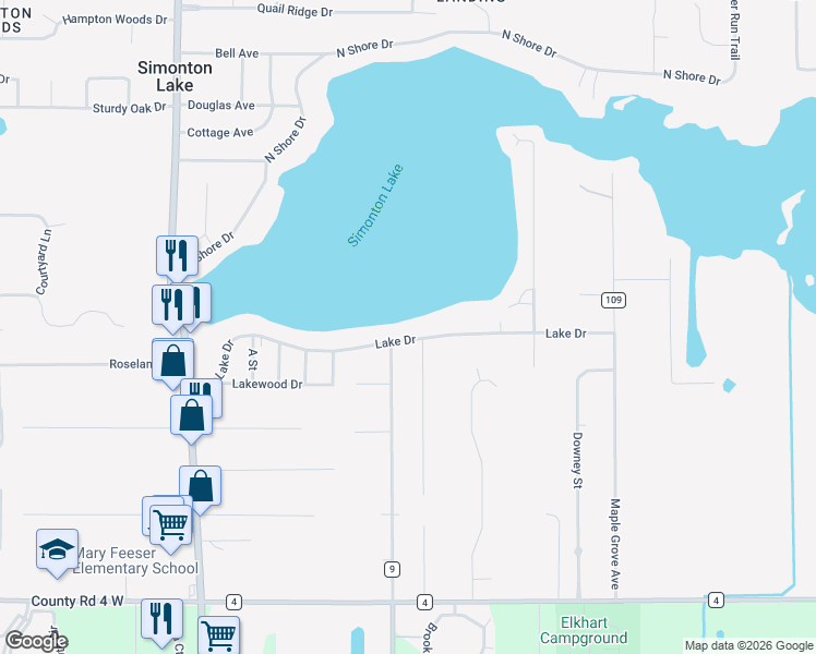 map of restaurants, bars, coffee shops, grocery stores, and more near 25997 Lake Drive in Elkhart