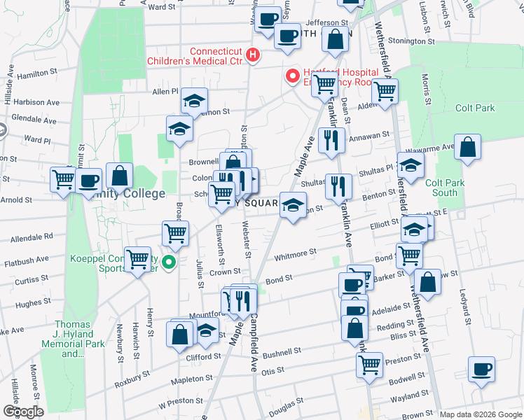 map of restaurants, bars, coffee shops, grocery stores, and more near 185 Benton Street in Hartford