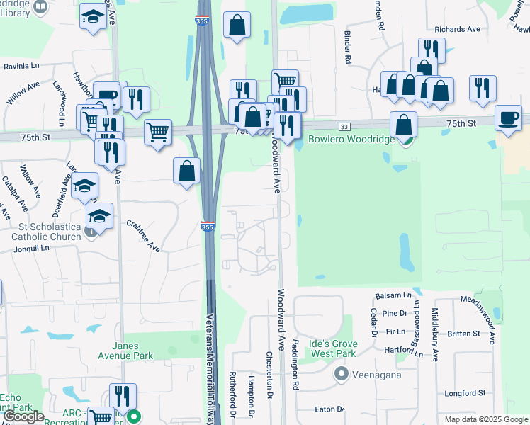 map of restaurants, bars, coffee shops, grocery stores, and more near 7774 Woodward Avenue in Woodridge