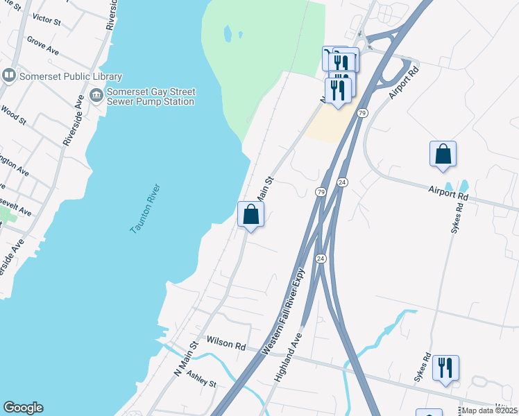 map of restaurants, bars, coffee shops, grocery stores, and more near 3701 North Main Street in Fall River