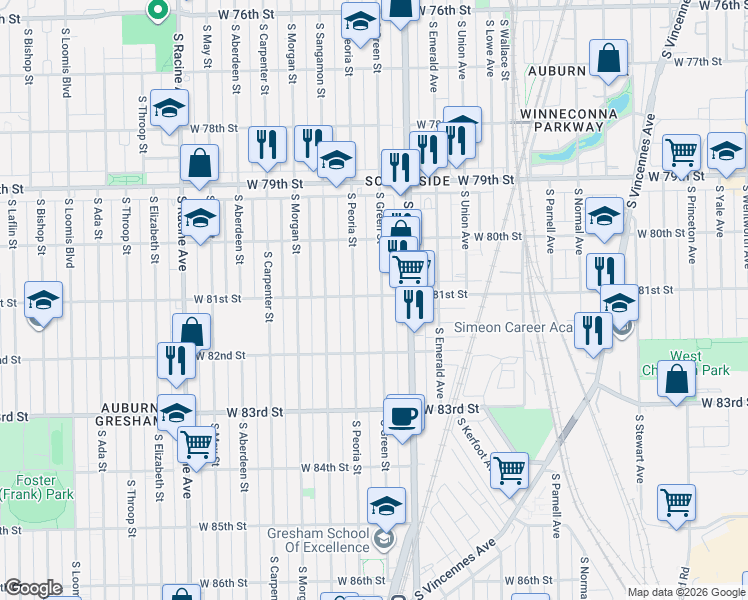 map of restaurants, bars, coffee shops, grocery stores, and more near 8115 South Green Street in Chicago