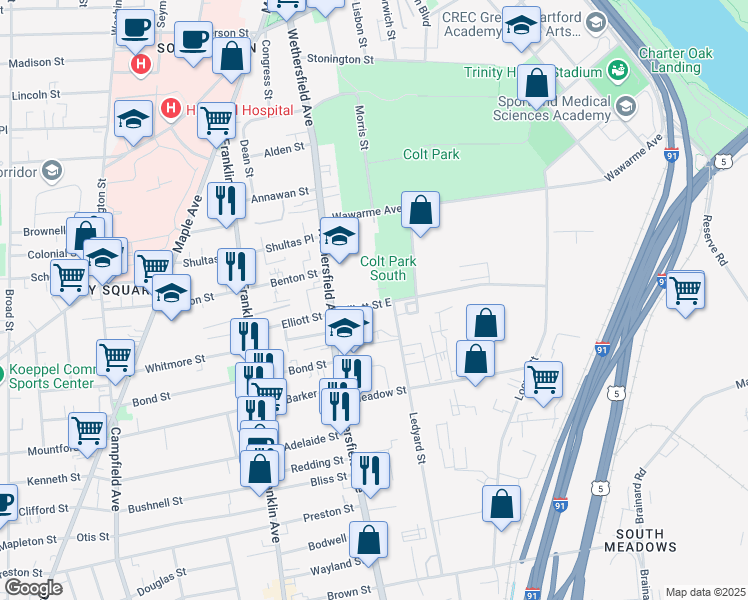 map of restaurants, bars, coffee shops, grocery stores, and more near 300 Wethersfield Avenue in Hartford