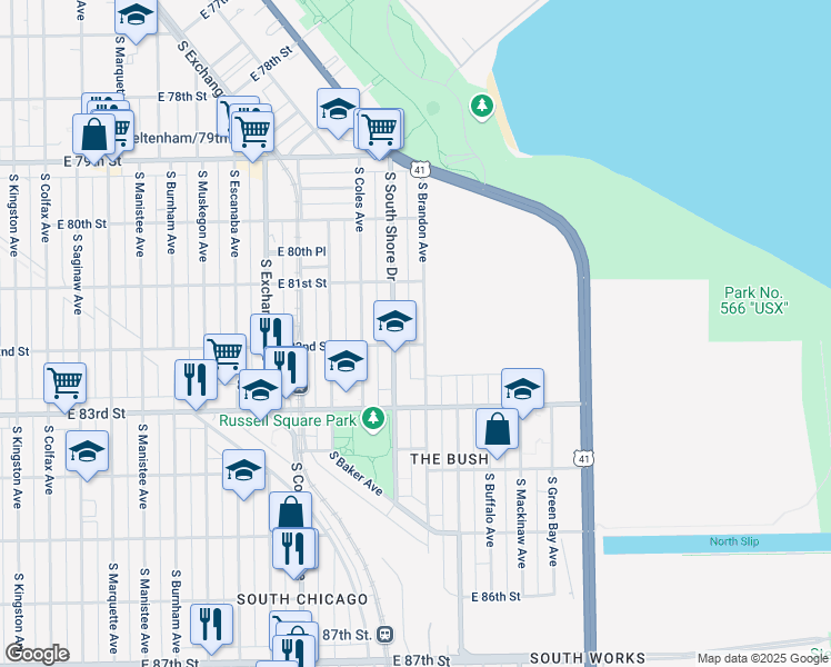 map of restaurants, bars, coffee shops, grocery stores, and more near 8159 South South Shore Drive in Chicago