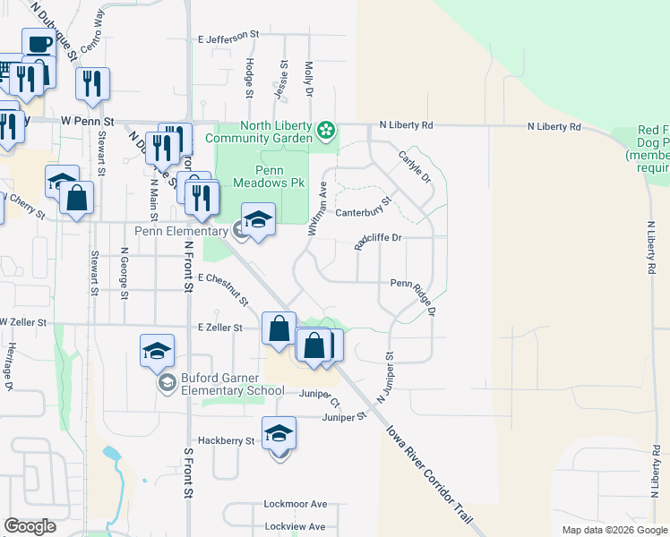 map of restaurants, bars, coffee shops, grocery stores, and more near 370-380 Penn Ridge Drive in North Liberty