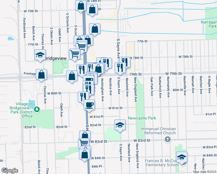 map of restaurants, bars, coffee shops, grocery stores, and more near 7936 Nordica Avenue in Oak Lawn