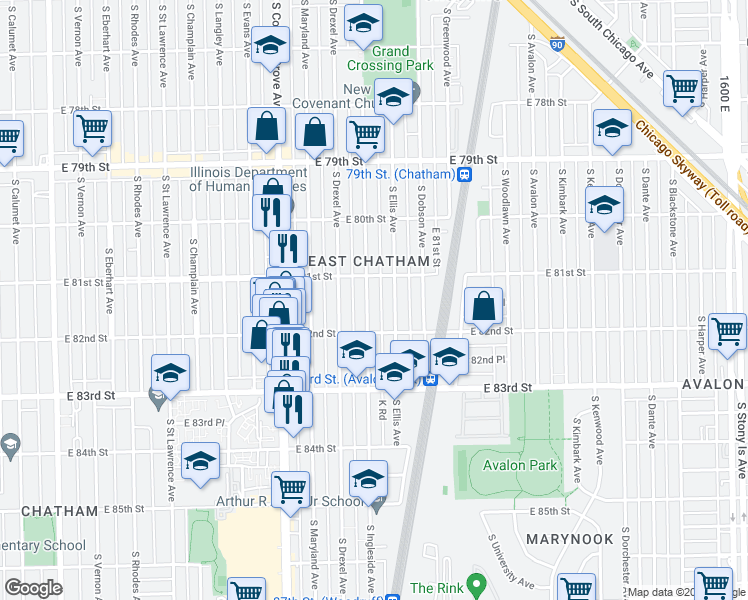 map of restaurants, bars, coffee shops, grocery stores, and more near 8125 South Ingleside Avenue in Chicago