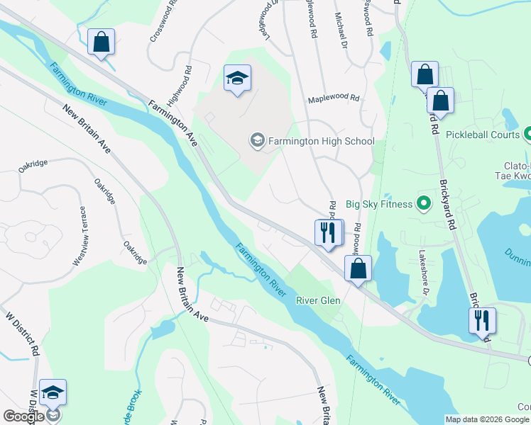map of restaurants, bars, coffee shops, grocery stores, and more near 1485 Farmington Avenue in Farmington