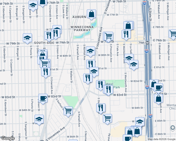 map of restaurants, bars, coffee shops, grocery stores, and more near 8122 South Vincennes Avenue in Chicago