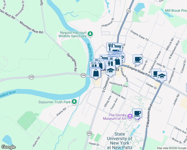 map of restaurants, bars, coffee shops, grocery stores, and more near 6 Huguenot Street in New Paltz