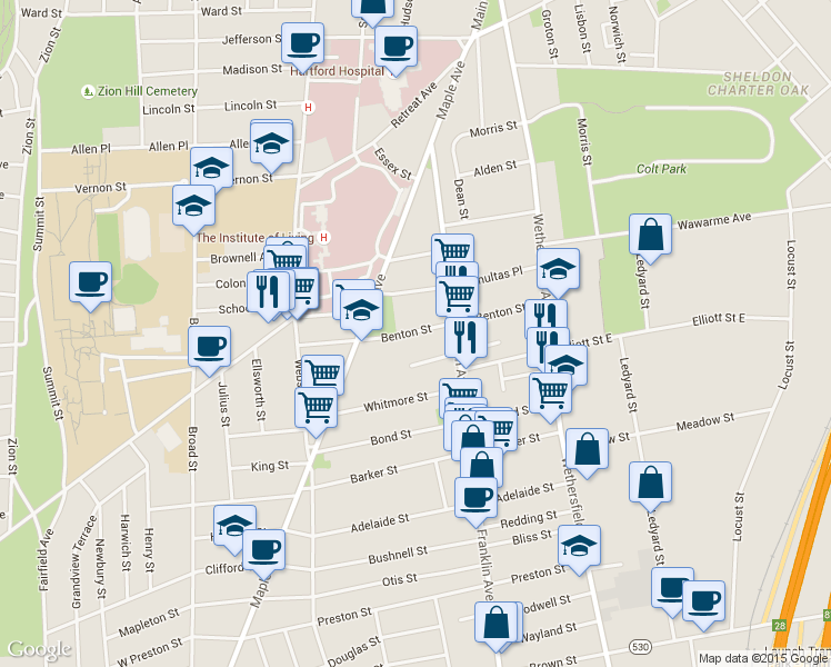 map of restaurants, bars, coffee shops, grocery stores, and more near 14 Warner Street in Hartford
