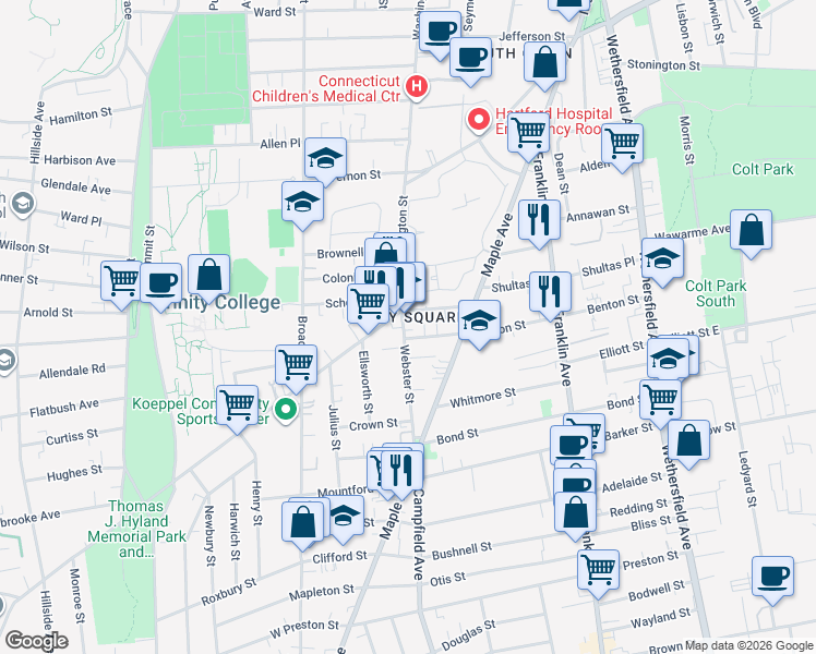 map of restaurants, bars, coffee shops, grocery stores, and more near in Hartford
