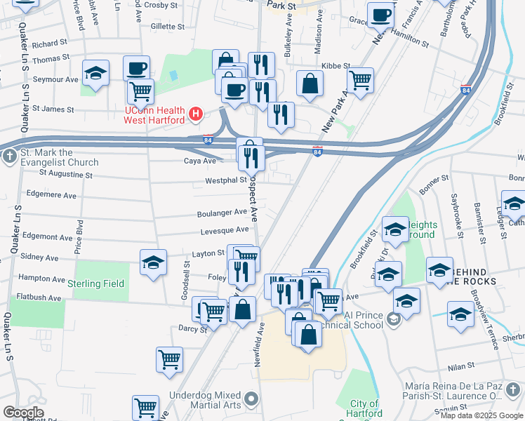 map of restaurants, bars, coffee shops, grocery stores, and more near 357 New Park Avenue in Hartford