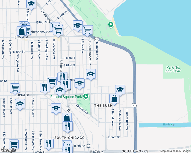 map of restaurants, bars, coffee shops, grocery stores, and more near 8159 South South Shore Drive in Chicago