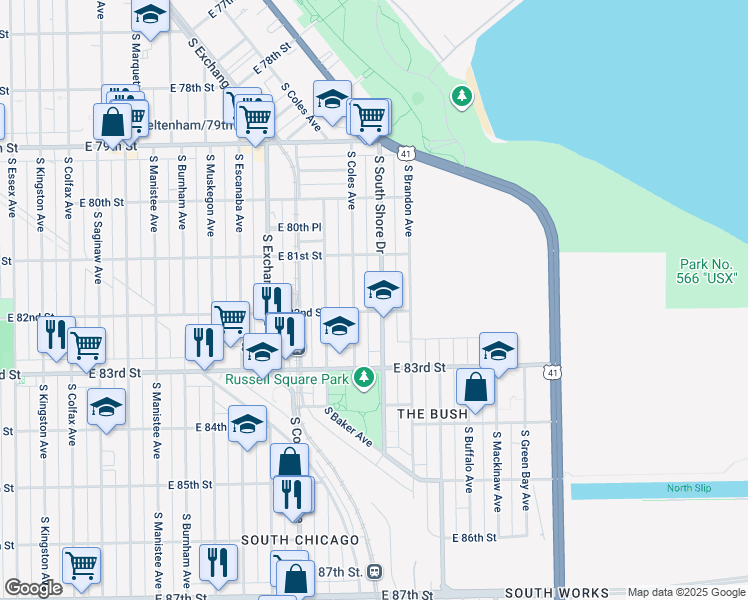 map of restaurants, bars, coffee shops, grocery stores, and more near 8159 South Coles Avenue in Chicago