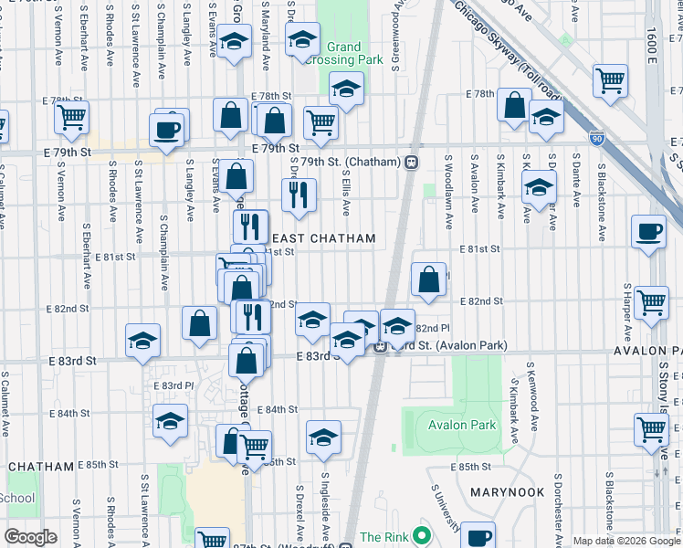 map of restaurants, bars, coffee shops, grocery stores, and more near 8141 South Ellis Avenue in Chicago