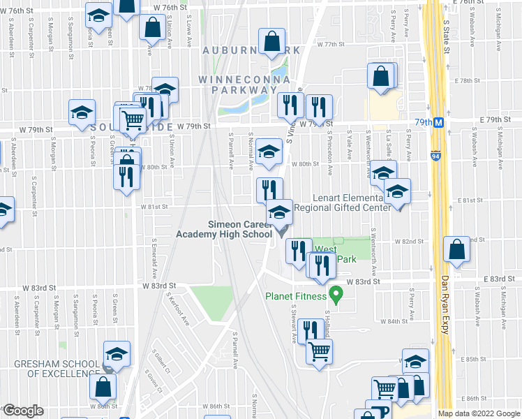 map of restaurants, bars, coffee shops, grocery stores, and more near 8122 South Vincennes Avenue in Chicago