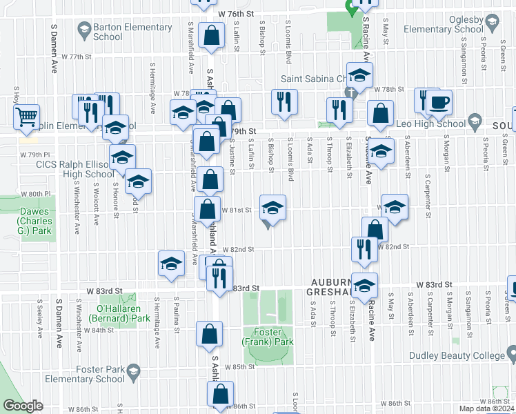 map of restaurants, bars, coffee shops, grocery stores, and more near 12 South Bishop Street in Chicago