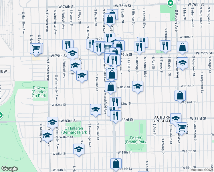 map of restaurants, bars, coffee shops, grocery stores, and more near 8101 South Marshfield Avenue in Chicago