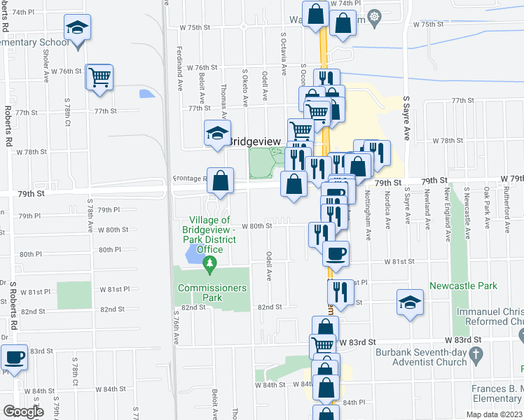 map of restaurants, bars, coffee shops, grocery stores, and more near 7951 South Oketo Avenue in Bridgeview
