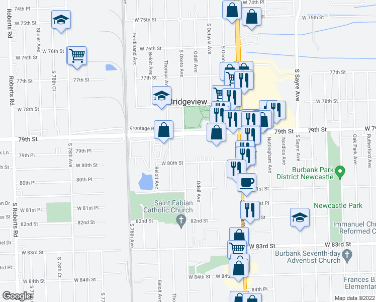 map of restaurants, bars, coffee shops, grocery stores, and more near 7951 South Oketo Avenue in Bridgeview