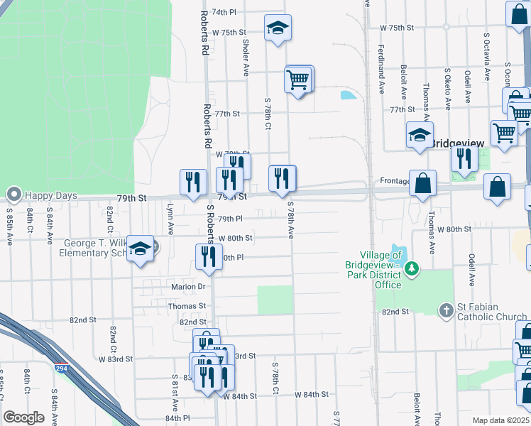 map of restaurants, bars, coffee shops, grocery stores, and more near 7843 79th Place in Bridgeview