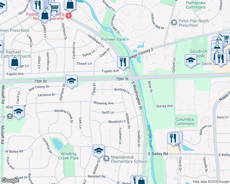 map of restaurants, bars, coffee shops, grocery stores, and more near 54 Bunting Lane in Naperville