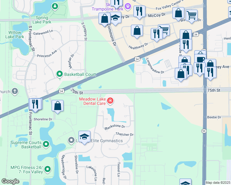 map of restaurants, bars, coffee shops, grocery stores, and more near 3965 75th Street in Aurora