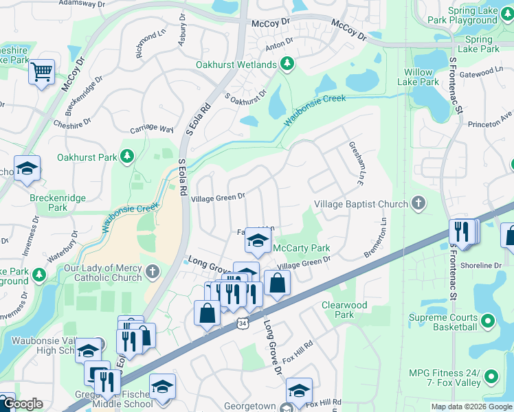 map of restaurants, bars, coffee shops, grocery stores, and more near 472 Mayfield Lane in Aurora