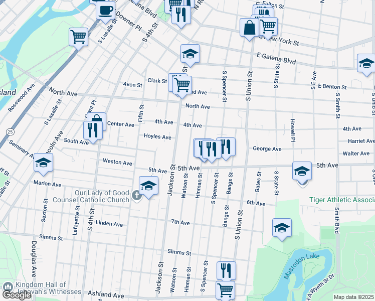 map of restaurants, bars, coffee shops, grocery stores, and more near 450 Watson Street in Aurora