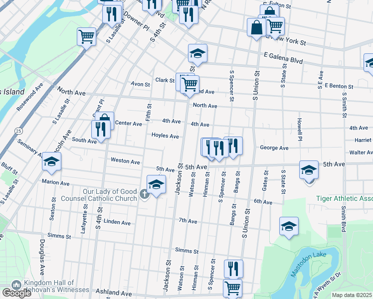 map of restaurants, bars, coffee shops, grocery stores, and more near 458 Jackson Street in Aurora