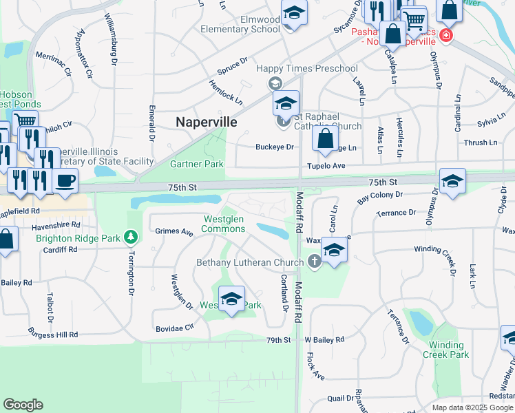 map of restaurants, bars, coffee shops, grocery stores, and more near Modaff Road in Naperville