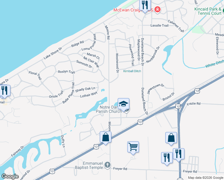 map of restaurants, bars, coffee shops, grocery stores, and more near 1000 Moore Road in Michigan City