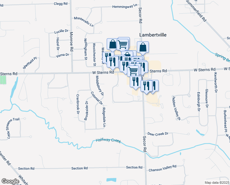 map of restaurants, bars, coffee shops, grocery stores, and more near 3486 Quail Hollow Drive in Lambertville