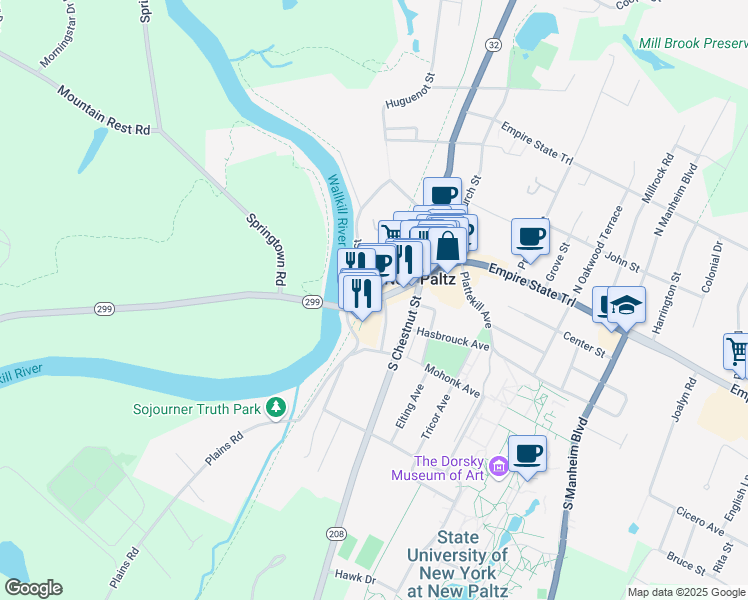map of restaurants, bars, coffee shops, grocery stores, and more near 13 Highway 299 in New Paltz