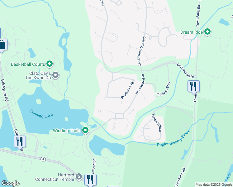 map of restaurants, bars, coffee shops, grocery stores, and more near 5 Essex Court in Farmington