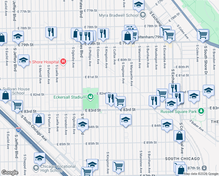 map of restaurants, bars, coffee shops, grocery stores, and more near 8159 South Kingston Avenue in Chicago
